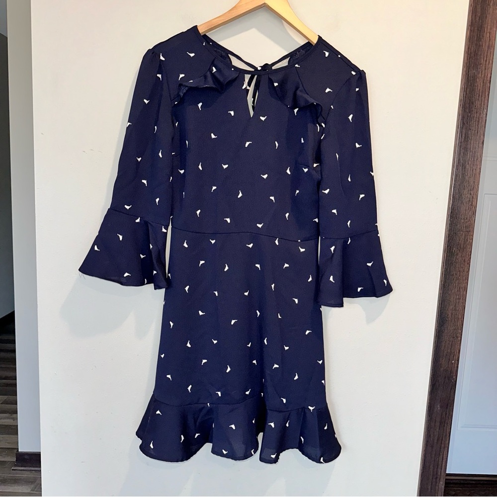 Xhilaration Navy Blue Quarter Bell Sleeve White Birdie Ruffle Mini Dance Dress